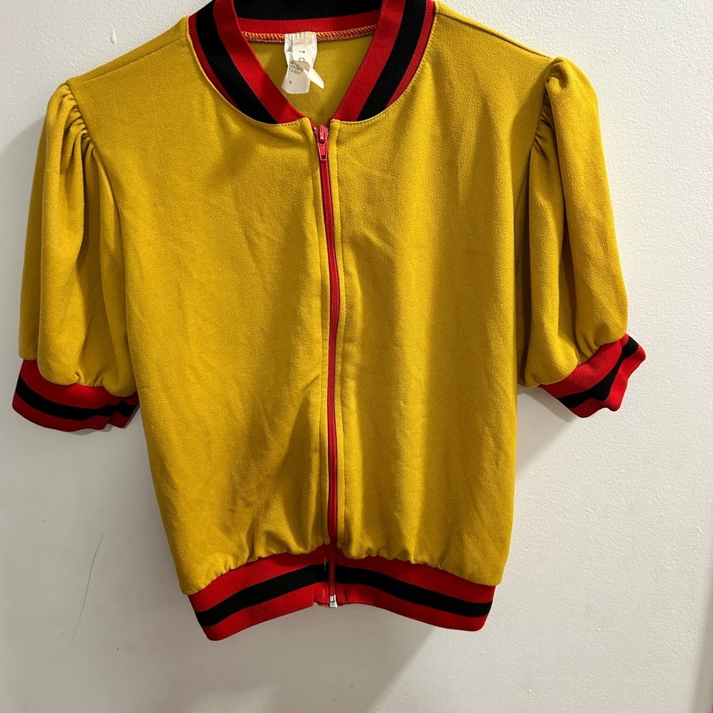 Topia Mustard Yellow Puff Short Sleeve Zip Up Varsity Bomber Jacket Womens Small